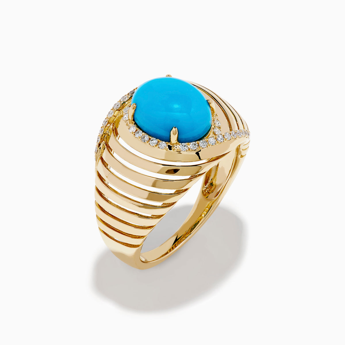 The 14K Yellow Gold Turquoise and Diamond Wide Band Ring features an oval turquoise center stone with a halo of small white diamonds and grooved lines, displayed against a plain white background.