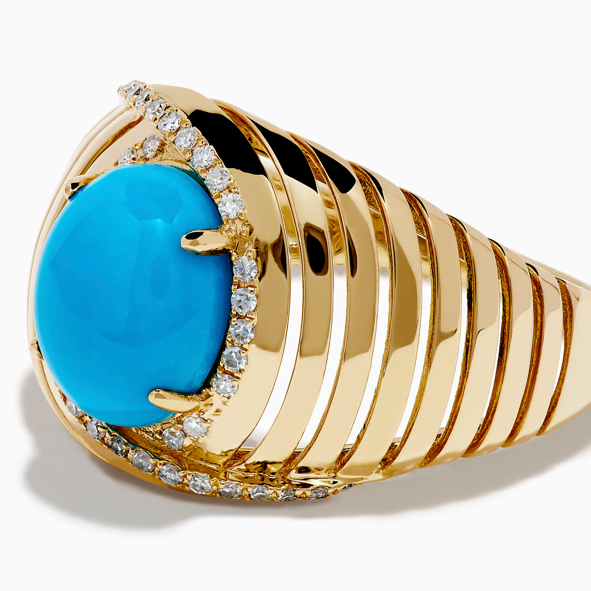 The 14K Yellow Gold Turquoise and Diamond Wide Band Ring features an oval turquoise center stone with a halo of small white diamonds and grooved lines, displayed against a plain white background.