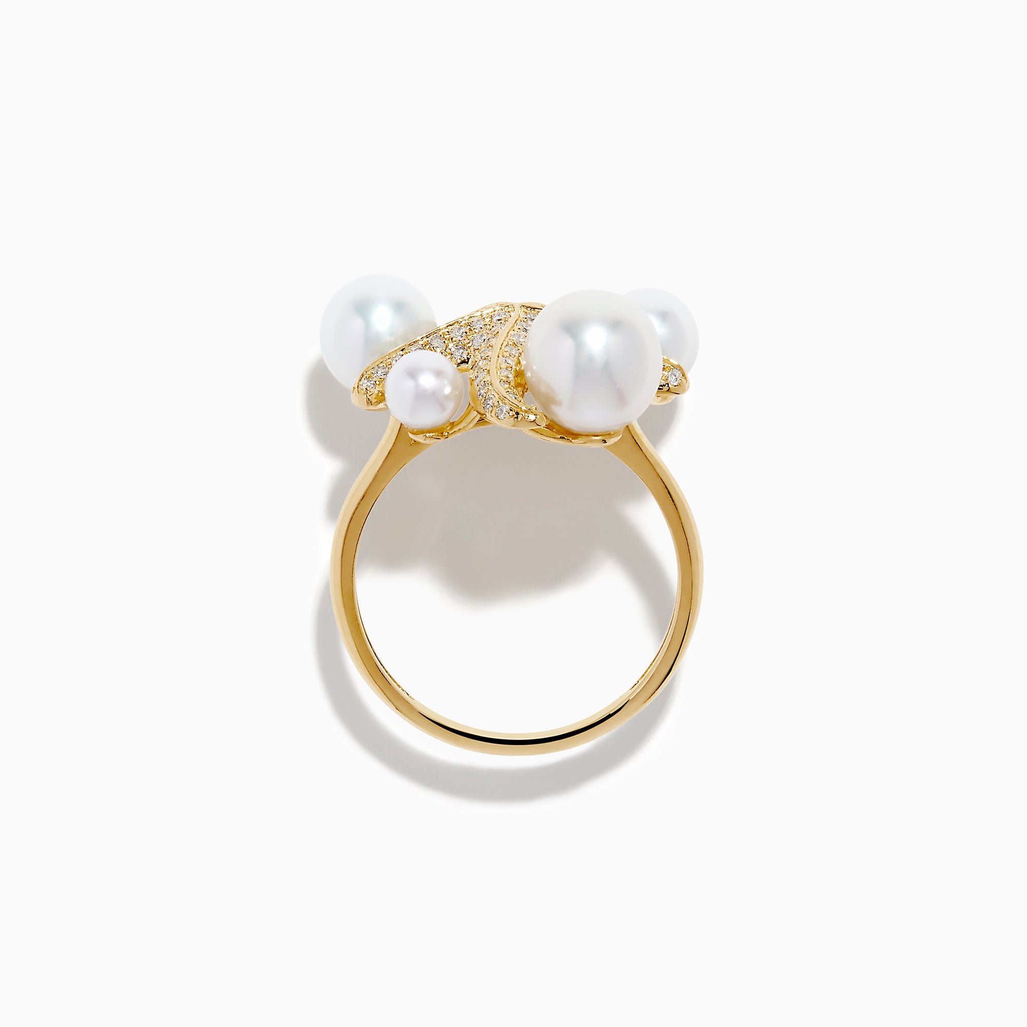 The 14K Yellow Gold Pearl and Diamond Starfish Ring showcases five large white pearls of varying sizes and a sparkling diamond starfish design.