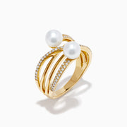 14K Yellow Gold Pearl and Diamond Crossover Ring