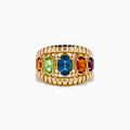 The Mosaic 14K Yellow Gold Mix Stone Ring showcases five oval gemstones—green, light green, blue, orange, and purple—each accented with round diamonds on a detailed gold band.