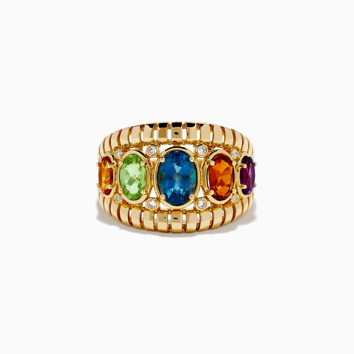 The Mosaic 14K Yellow Gold Mix Stone Ring showcases five oval gemstones—green, light green, blue, orange, and purple—each accented with round diamonds on a detailed gold band.