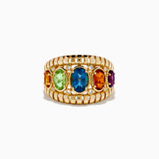 The Mosaic 14K Yellow Gold Mix Stone Ring showcases five oval gemstones—green, light green, blue, orange, and purple—each accented with round diamonds on a detailed gold band.