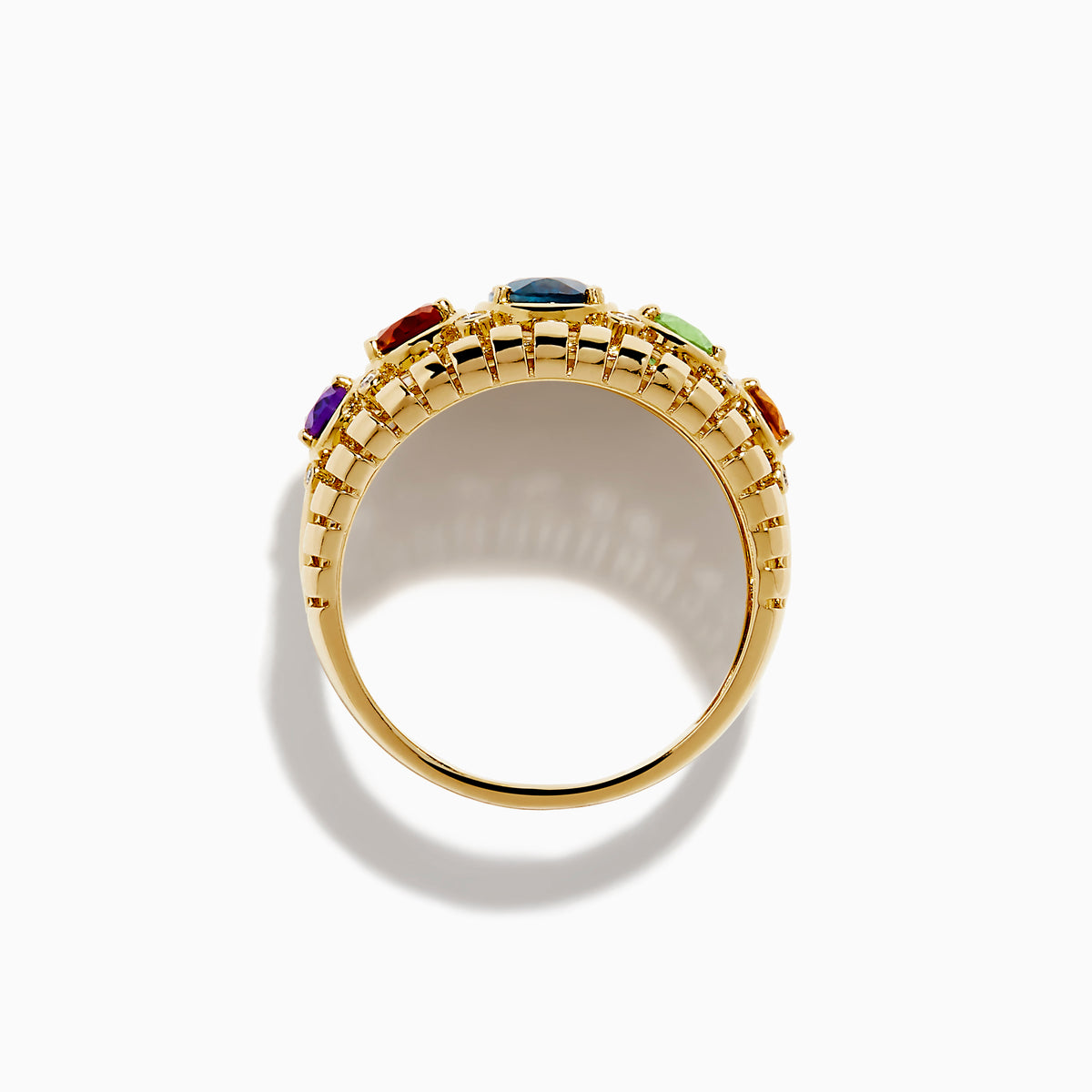 The Mosaic 14K Yellow Gold Mix Stone Ring showcases five oval gemstones—green, light green, blue, orange, and purple—each accented with round diamonds on a detailed gold band.