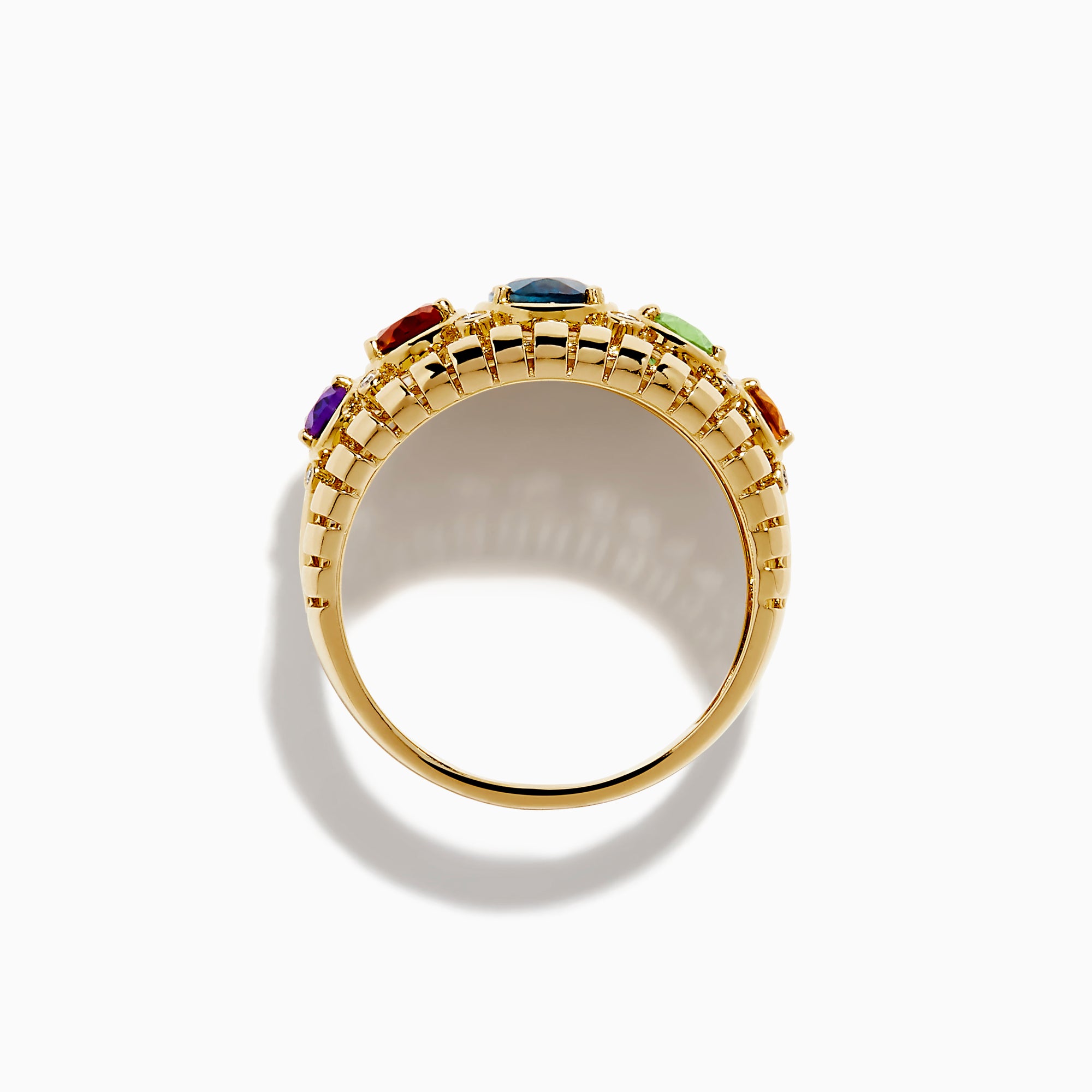 The Mosaic 14K Yellow Gold Mix Stone Ring showcases five oval gemstones—green, light green, blue, orange, and purple—each accented with round diamonds on a detailed gold band.