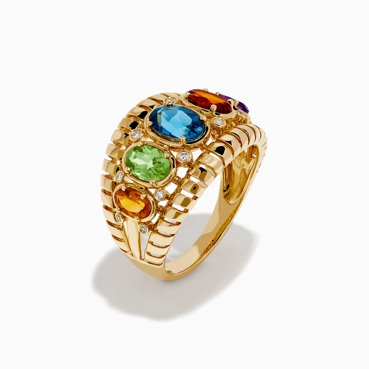 The Mosaic 14K Yellow Gold Mix Stone Ring showcases five oval gemstones—green, light green, blue, orange, and purple—each accented with round diamonds on a detailed gold band.