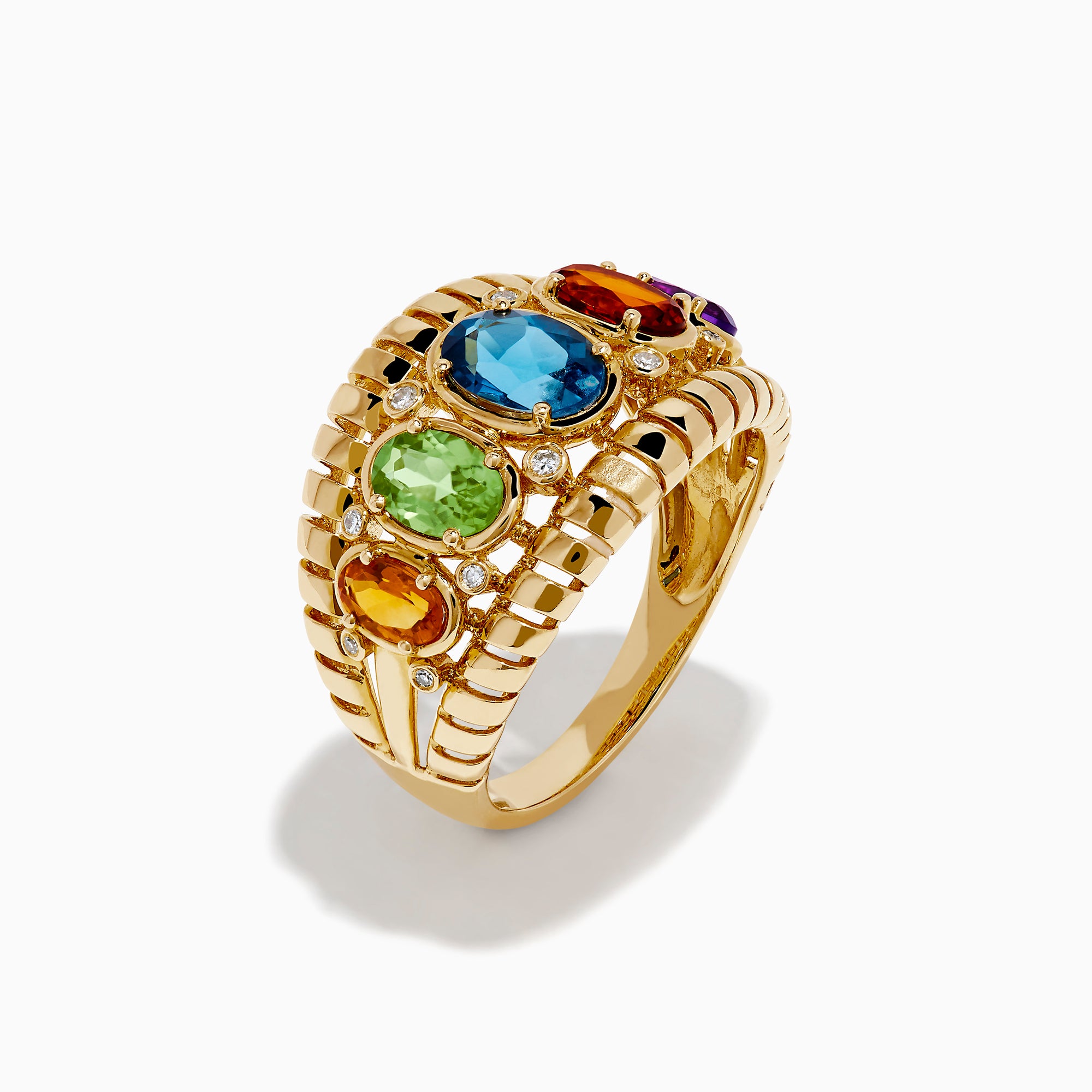 The Mosaic 14K Yellow Gold Mix Stone Ring showcases five oval gemstones—green, light green, blue, orange, and purple—each accented with round diamonds on a detailed gold band.