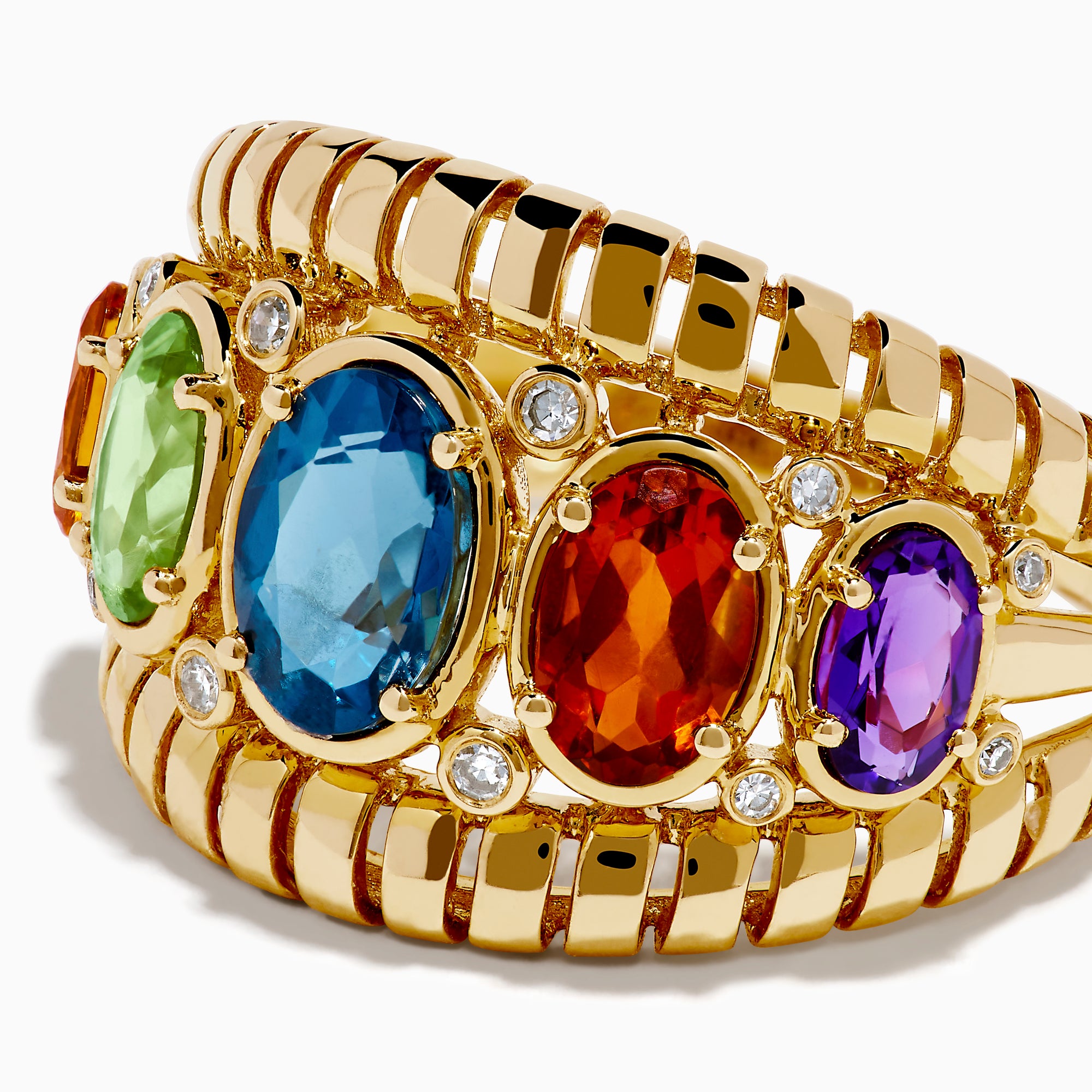 The Mosaic 14K Yellow Gold Mix Stone Ring showcases five oval gemstones—green, light green, blue, orange, and purple—each accented with round diamonds on a detailed gold band.