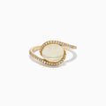 The 14K Yellow Gold Ethiopian Opal and Diamond Swirl Ring showcases a striking Ethiopian opal set in yellow gold, complemented by a swirling band adorned with sparkling diamonds.