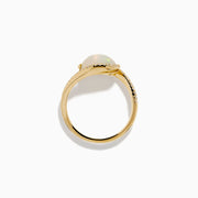 The 14K Yellow Gold Ethiopian Opal and Diamond Swirl Ring showcases a striking Ethiopian opal set in yellow gold, complemented by a swirling band adorned with sparkling diamonds.