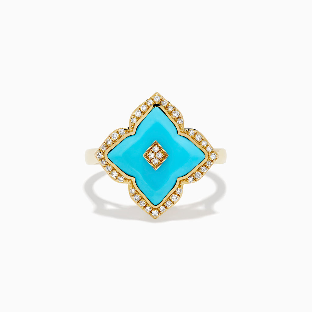14K Yellow Gold Turquoise and Diamond Quatrefoil Halo Ring