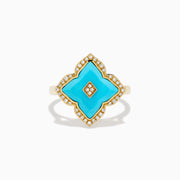 14K Yellow Gold Turquoise and Diamond Quatrefoil Halo Ring