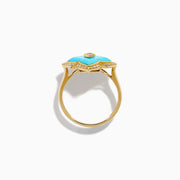 14K Yellow Gold Turquoise and Diamond Quatrefoil Halo Ring
