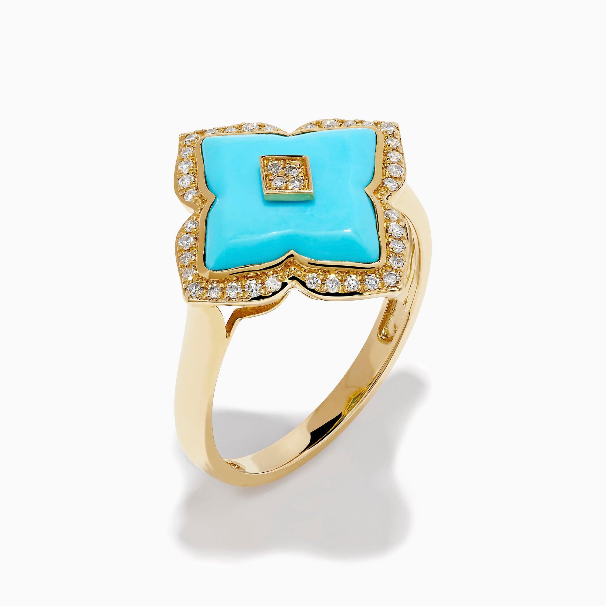 14K Yellow Gold Turquoise and Diamond Quatrefoil Halo Ring