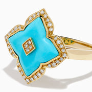 14K Yellow Gold Turquoise and Diamond Quatrefoil Halo Ring