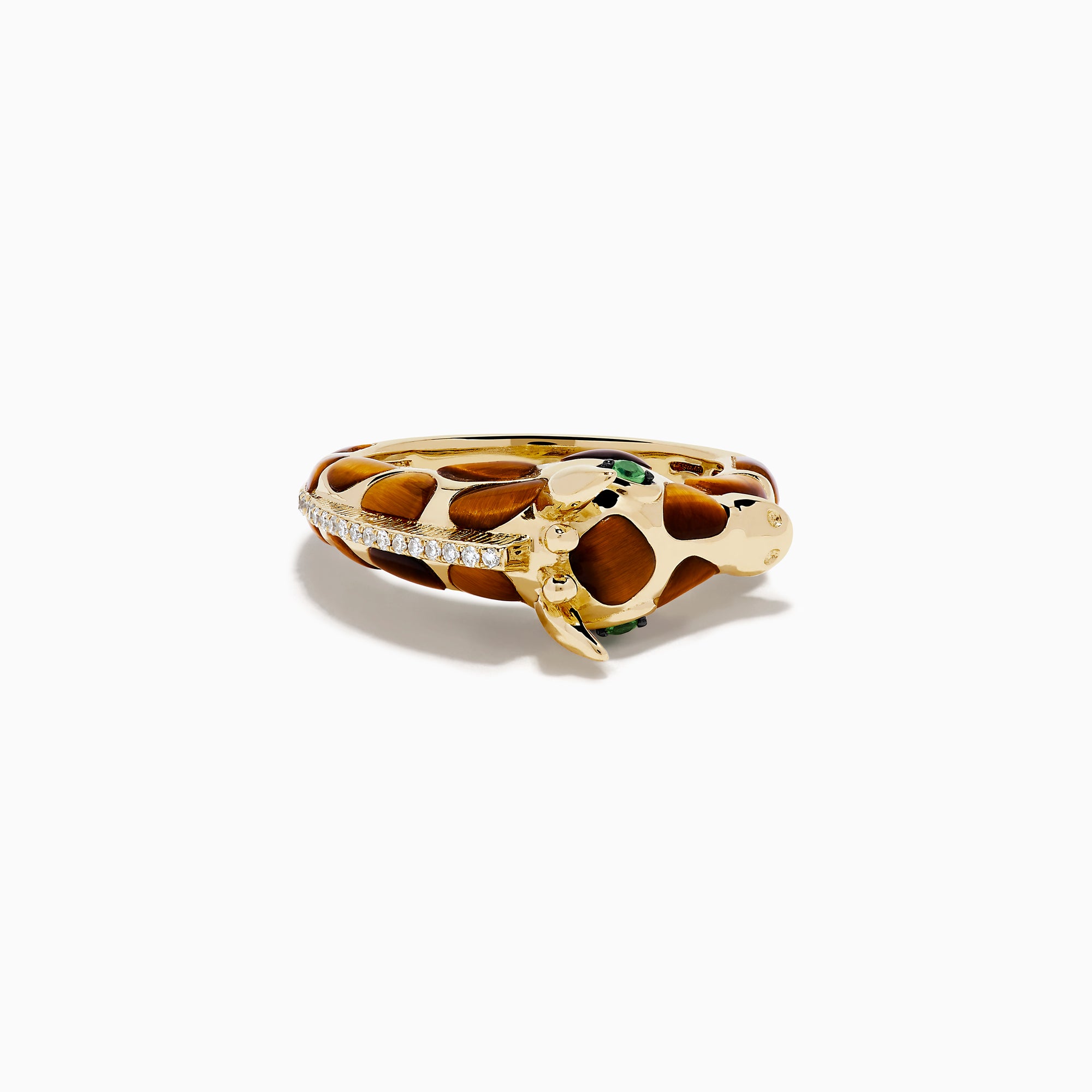 The 14K Yellow Gold Tiger's Eye and Diamond Giraffe Ring is designed to resemble a giraffe’s head and neck, featuring diamond accents and captivating tiger's eye gemstone details.