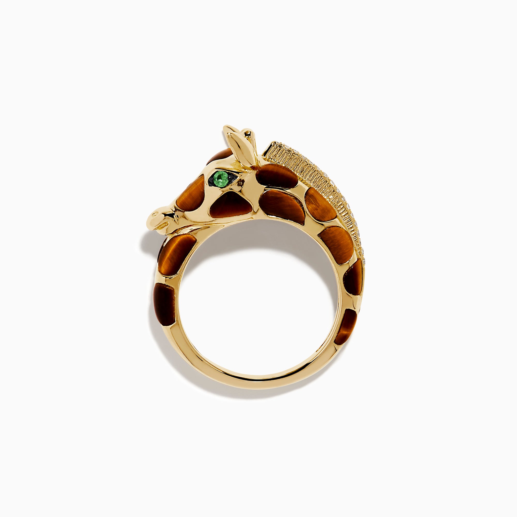 The 14K Yellow Gold Tiger's Eye and Diamond Giraffe Ring is designed to resemble a giraffe’s head and neck, featuring diamond accents and captivating tiger's eye gemstone details.