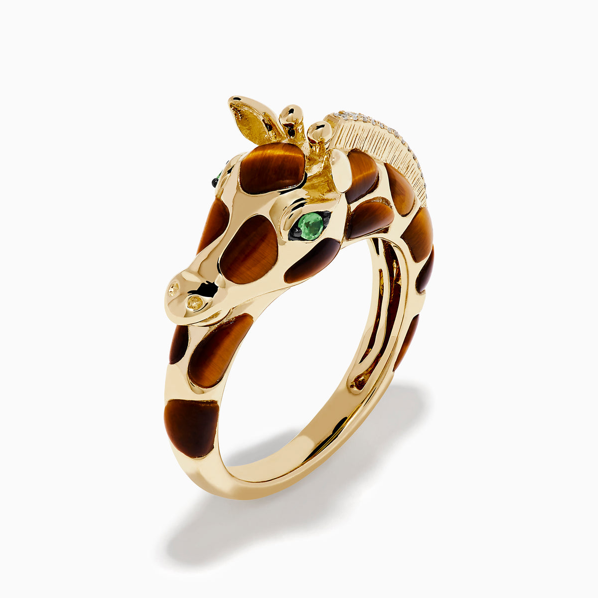 The 14K Yellow Gold Tiger's Eye and Diamond Giraffe Ring is designed to resemble a giraffe’s head and neck, featuring diamond accents and captivating tiger's eye gemstone details.