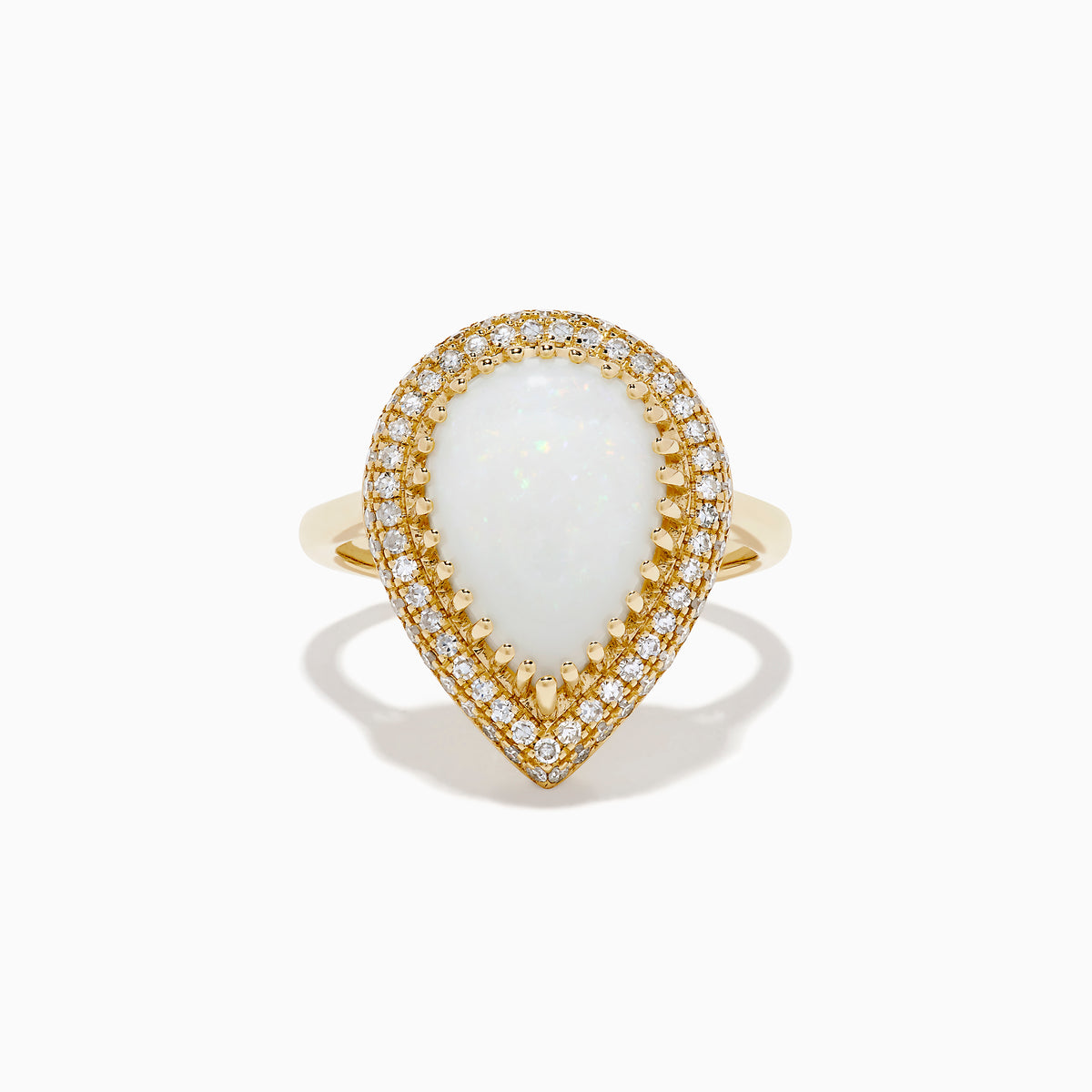 The 14K Yellow Gold Pear Shaped Opal and Diamond Cocktail Ring features a large pear-shaped opal framed by two rows of sparkling diamonds, displayed on a plain white background.