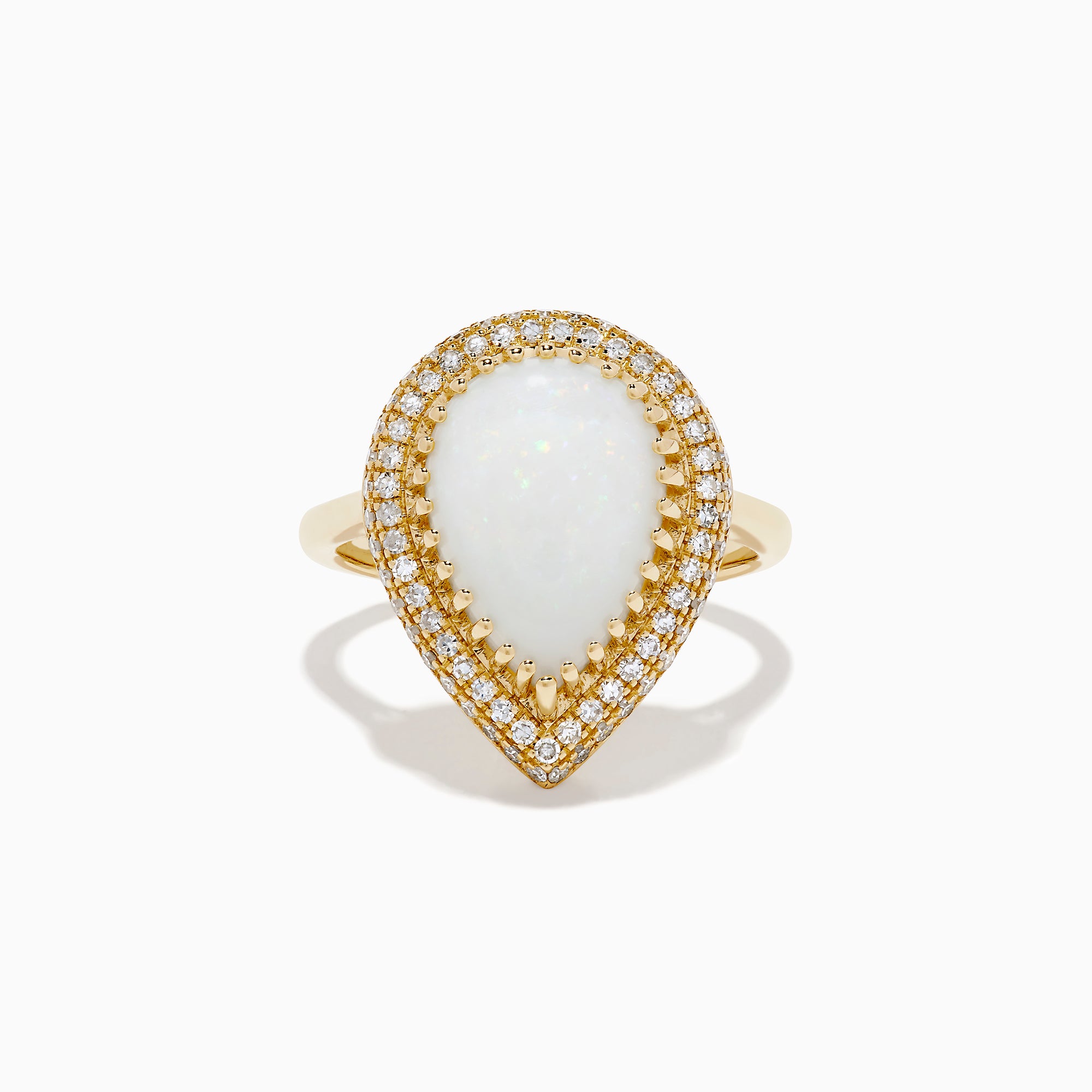 The 14K Yellow Gold Pear Shaped Opal and Diamond Cocktail Ring features a large pear-shaped opal framed by two rows of sparkling diamonds, displayed on a plain white background.