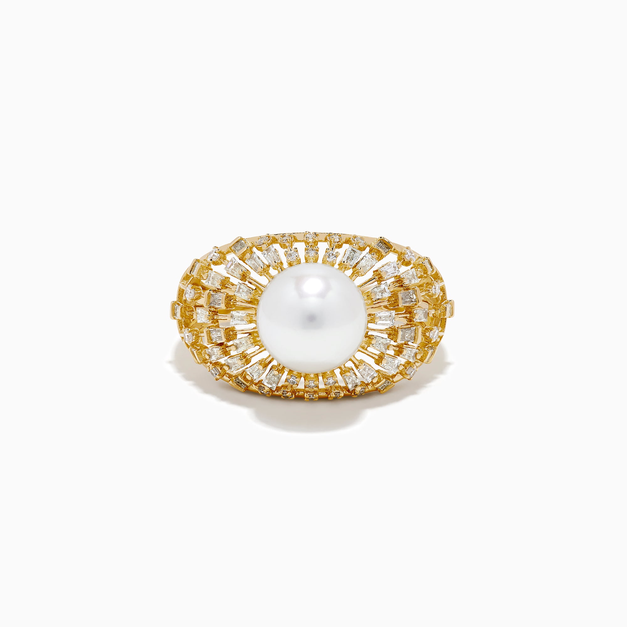 The 14K Yellow Gold Freshwater Pearl and Diamond Sunburst Ring features a central round freshwater pearl, accented by a halo of baguette-cut diamonds in a radiant sunburst design.