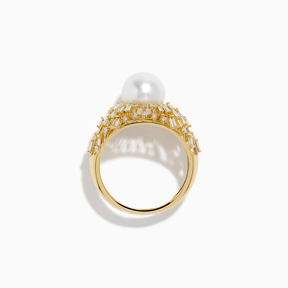 The 14K Yellow Gold Freshwater Pearl and Diamond Sunburst Ring features a central round freshwater pearl, accented by a halo of baguette-cut diamonds in a radiant sunburst design.