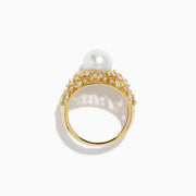 The 14K Yellow Gold Freshwater Pearl and Diamond Sunburst Ring features a central round freshwater pearl, accented by a halo of baguette-cut diamonds in a radiant sunburst design.