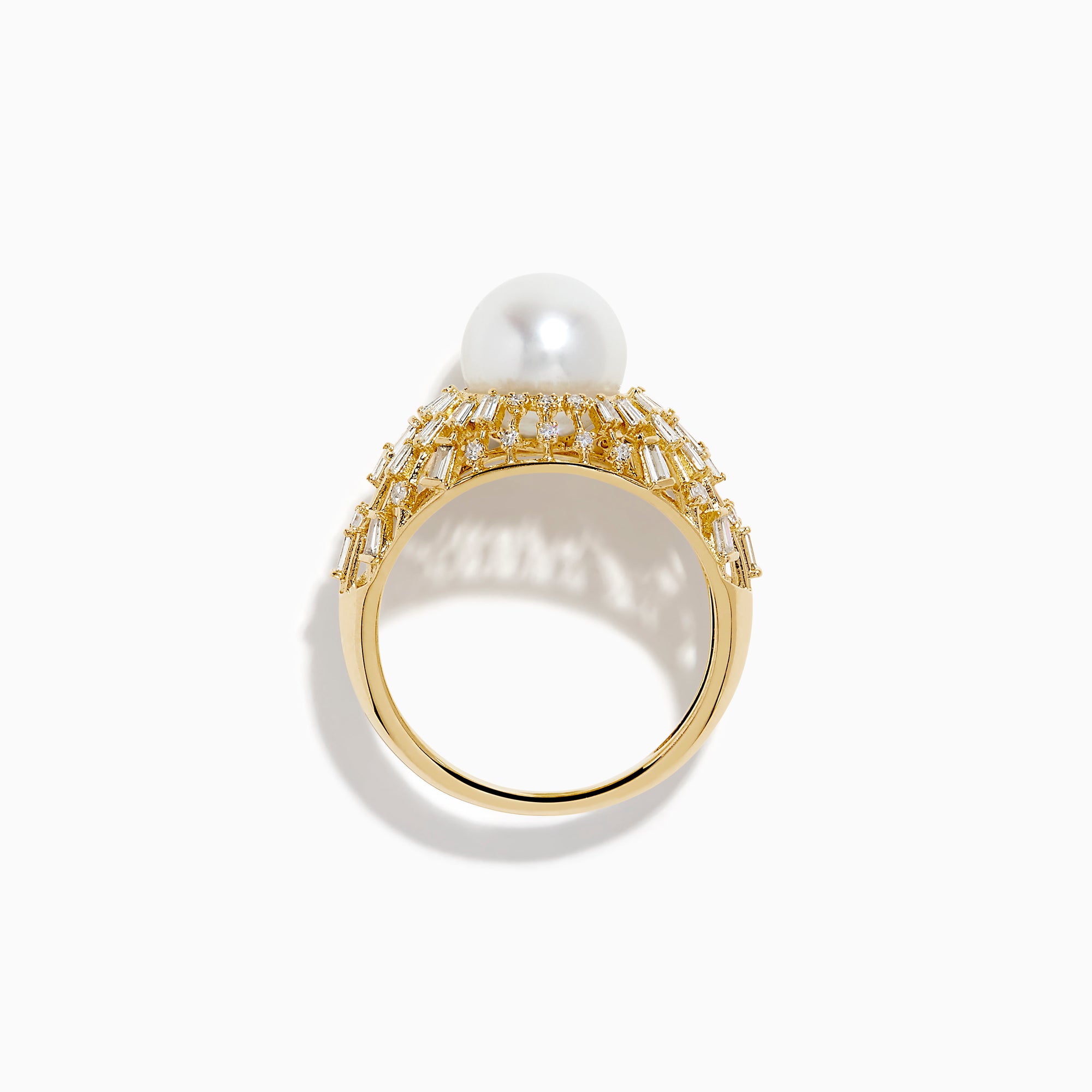 The 14K Yellow Gold Freshwater Pearl and Diamond Sunburst Ring features a central round freshwater pearl, accented by a halo of baguette-cut diamonds in a radiant sunburst design.