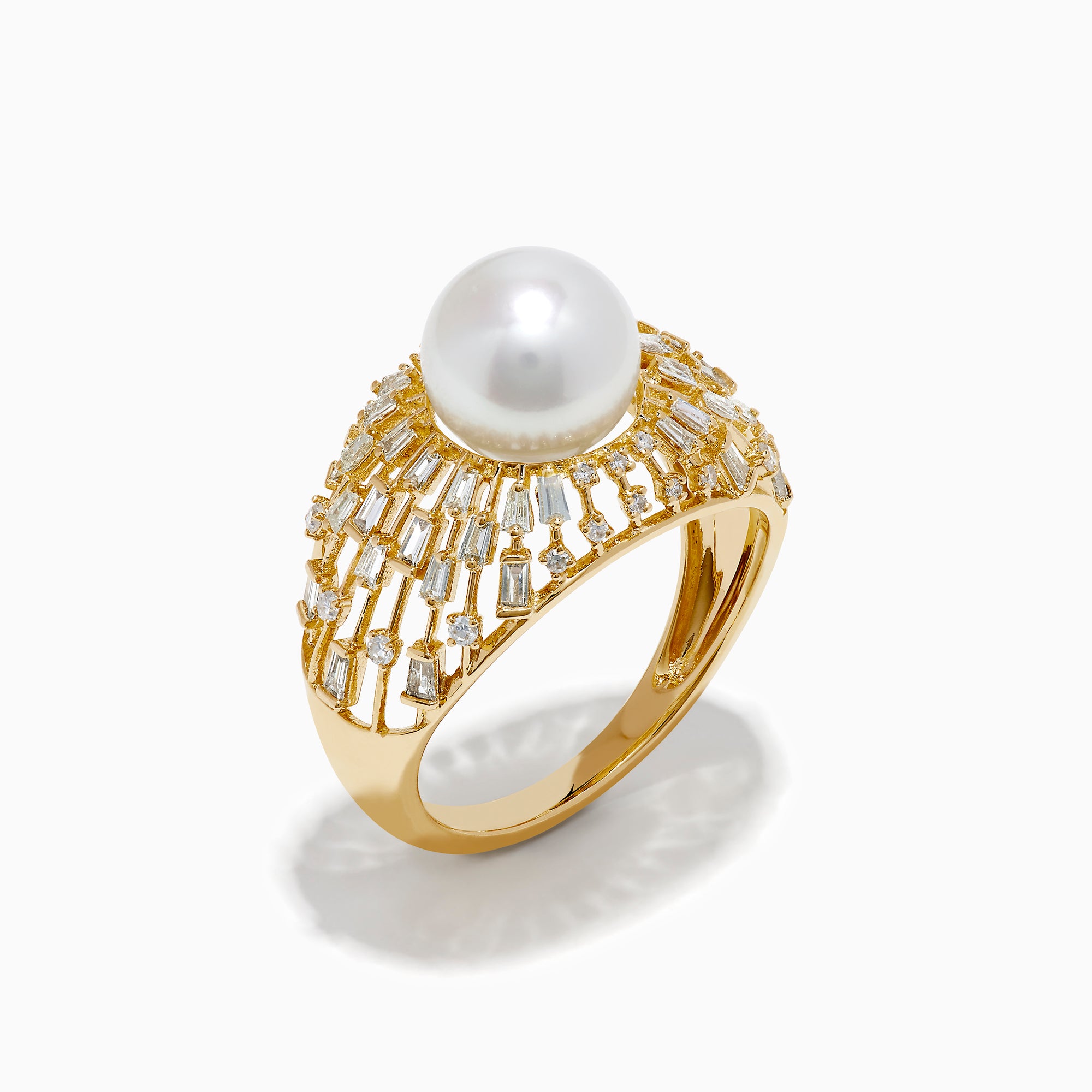 The 14K Yellow Gold Freshwater Pearl and Diamond Sunburst Ring features a central round freshwater pearl, accented by a halo of baguette-cut diamonds in a radiant sunburst design.