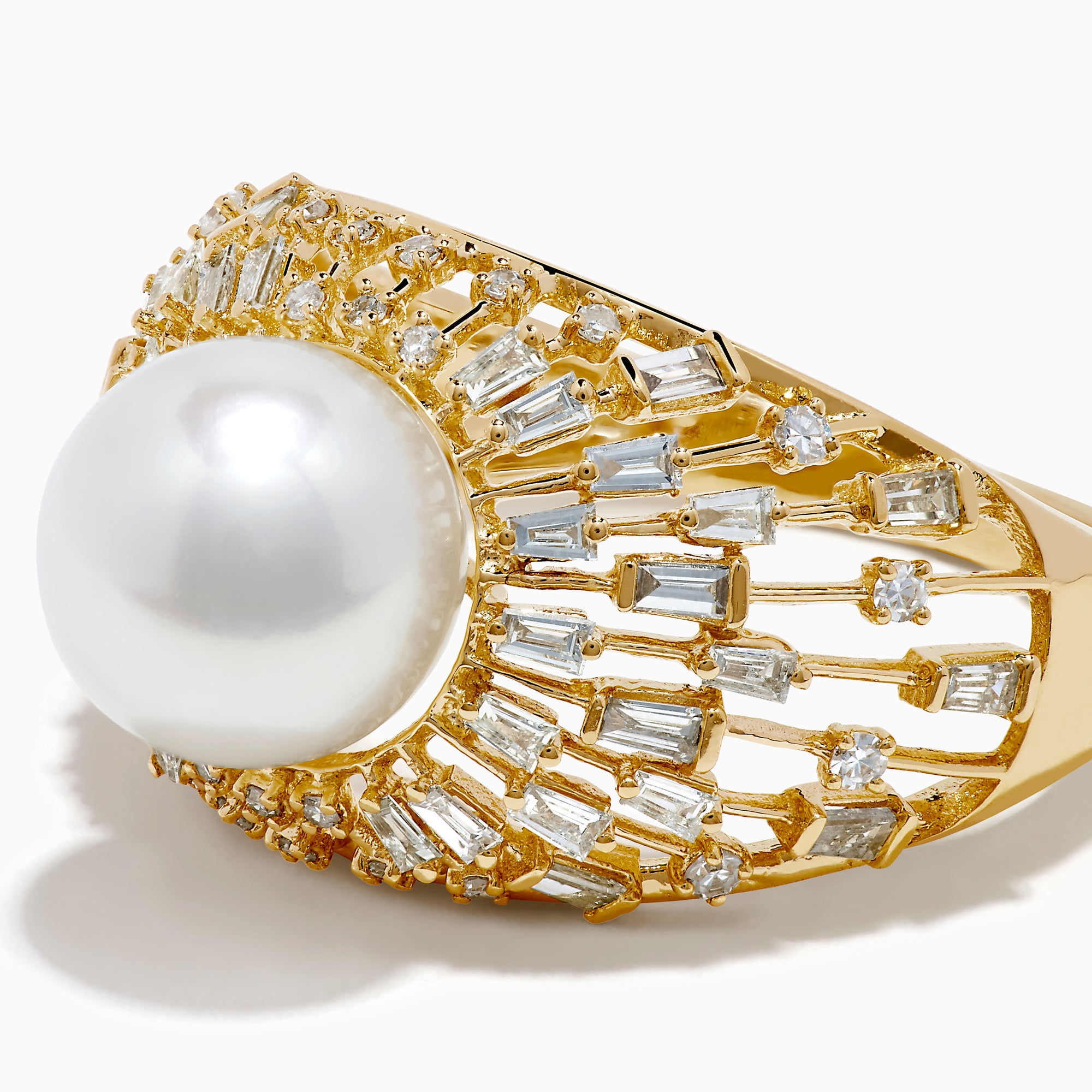 The 14K Yellow Gold Freshwater Pearl and Diamond Sunburst Ring features a central round freshwater pearl, accented by a halo of baguette-cut diamonds in a radiant sunburst design.