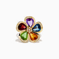 The Mosaic 14K Yellow Gold Multi Gemstone Floral Ring features five vibrant flower petals—purple, blue, yellow, green, and red—each accented with sparkling diamonds along the edges and at the center.
