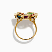 The Mosaic 14K Yellow Gold Multi Gemstone Floral Ring features five vibrant flower petals—purple, blue, yellow, green, and red—each accented with sparkling diamonds along the edges and at the center.