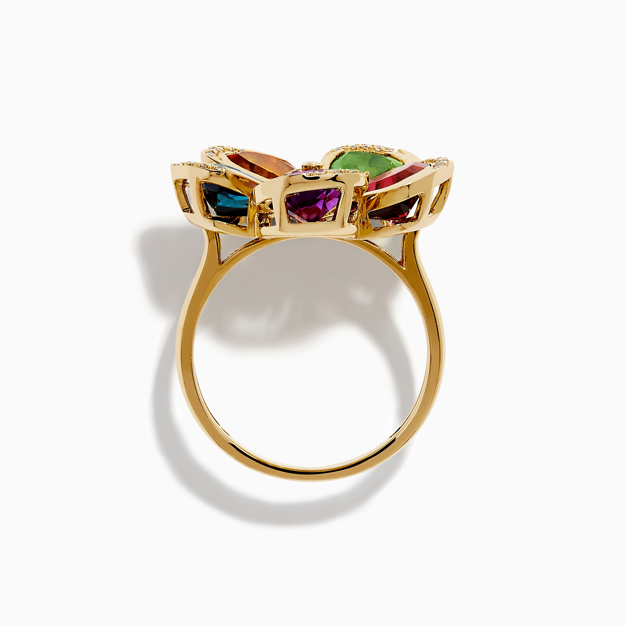 The Mosaic 14K Yellow Gold Multi Gemstone Floral Ring features five vibrant flower petals—purple, blue, yellow, green, and red—each accented with sparkling diamonds along the edges and at the center.