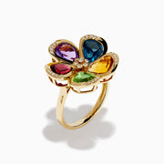 The Mosaic 14K Yellow Gold Multi Gemstone Floral Ring features five vibrant flower petals—purple, blue, yellow, green, and red—each accented with sparkling diamonds along the edges and at the center.