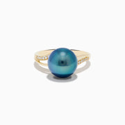 The 14K Yellow Gold Diamond Black Tahitian Pearl Ring features a striking round black Tahitian pearl at the center, accented by diamonds set along each side of the elegant split band.