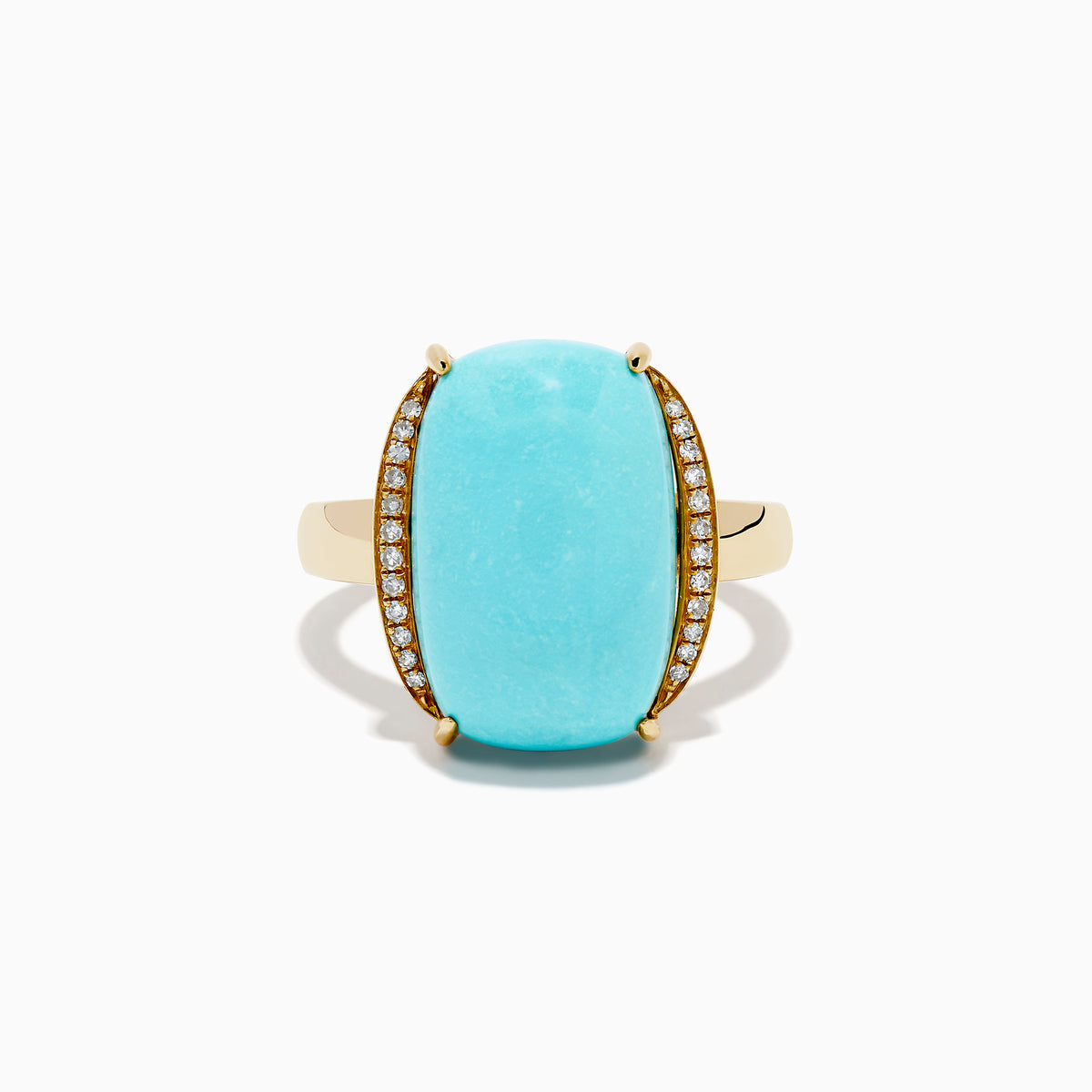 The 14K Yellow Gold Cabochon Turquoise and Diamond Ring showcases a large rectangular turquoise cabochon accented by two rows of sparkling white diamonds on each side, all set in polished yellow gold.