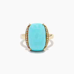 The 14K Yellow Gold Cabochon Turquoise and Diamond Ring showcases a large rectangular turquoise cabochon accented by two rows of sparkling white diamonds on each side, all set in polished yellow gold.