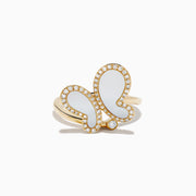 The Nature 14K Yellow Gold Mother Of Pearl and Diamond Butterfly Ring, with lustrous wings and a sparkling diamond border, is displayed on a plain white background.