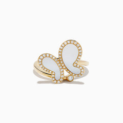 The Nature 14K Yellow Gold Mother Of Pearl and Diamond Butterfly Ring, with lustrous wings and a sparkling diamond border, is displayed on a plain white background.