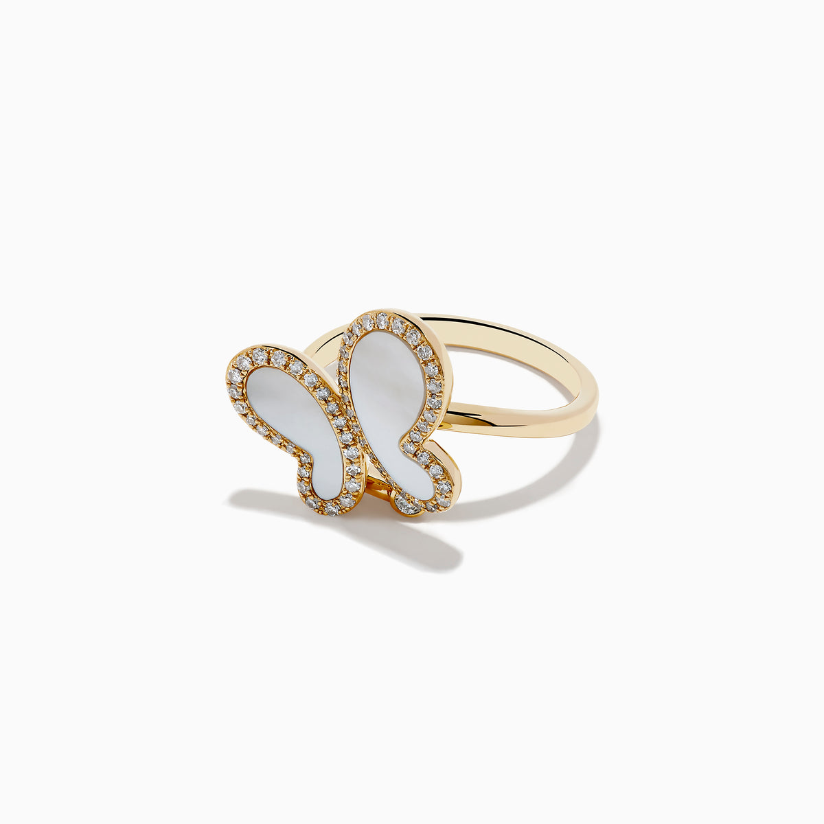 The Nature 14K Yellow Gold Mother Of Pearl and Diamond Butterfly Ring, with lustrous wings and a sparkling diamond border, is displayed on a plain white background.