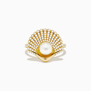 The 14K Yellow Gold Cultured Pearl and Diamond Shell Ring showcases a fan-shaped design with sparkling diamonds and a large white cultured pearl at the center, resembling an elegant diamond shell.