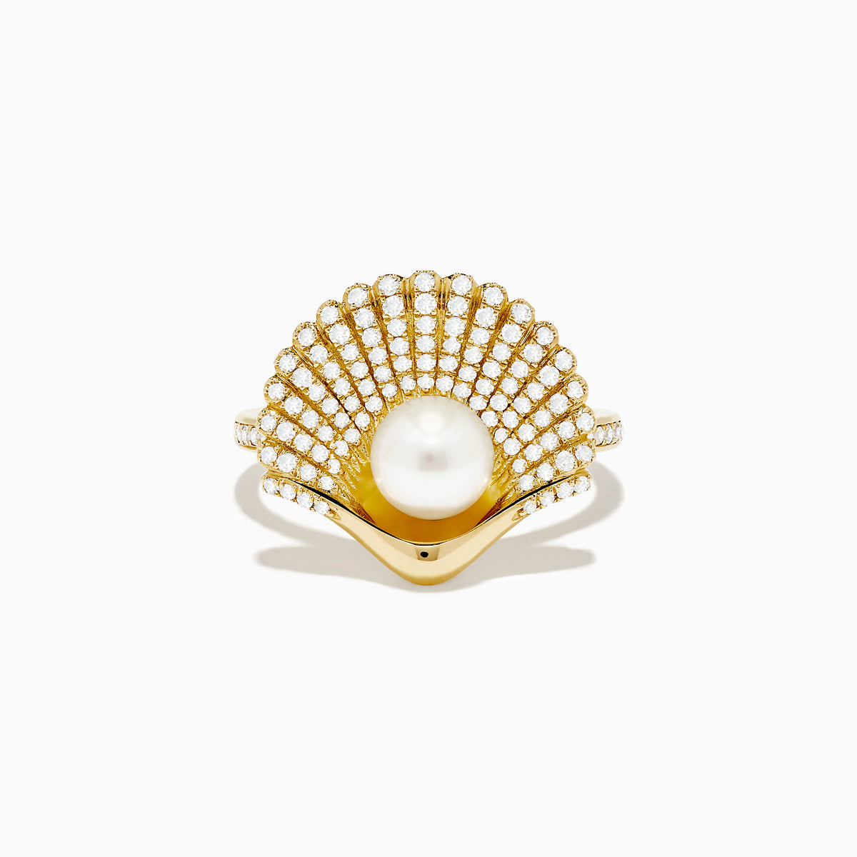 The 14K Yellow Gold Cultured Pearl and Diamond Shell Ring showcases a fan-shaped design with sparkling diamonds and a large white cultured pearl at the center, resembling an elegant diamond shell.