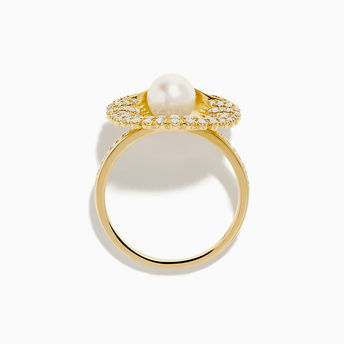 The 14K Yellow Gold Cultured Pearl and Diamond Shell Ring showcases a fan-shaped design with sparkling diamonds and a large white cultured pearl at the center, resembling an elegant diamond shell.