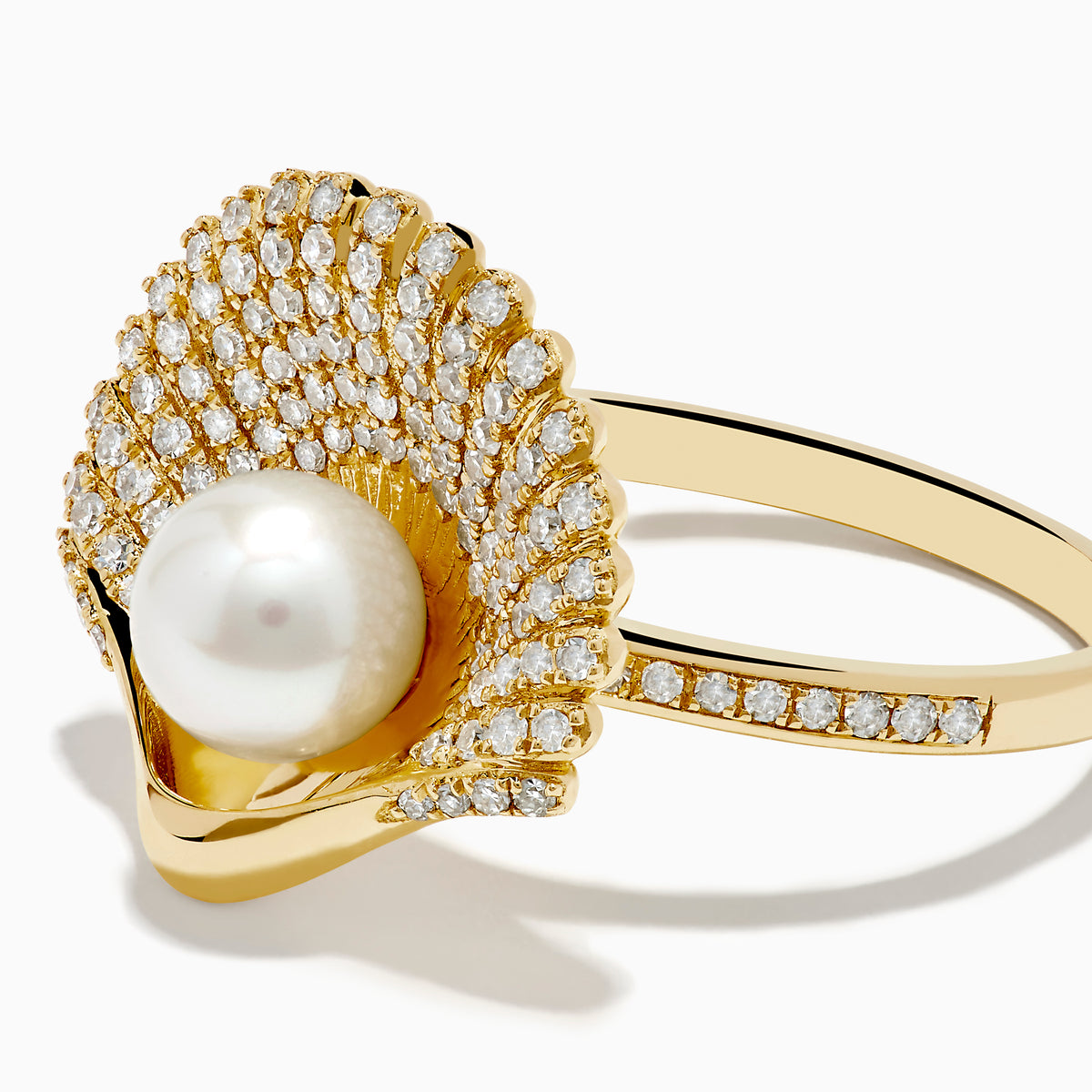 The 14K Yellow Gold Cultured Pearl and Diamond Shell Ring showcases a fan-shaped design with sparkling diamonds and a large white cultured pearl at the center, resembling an elegant diamond shell.
