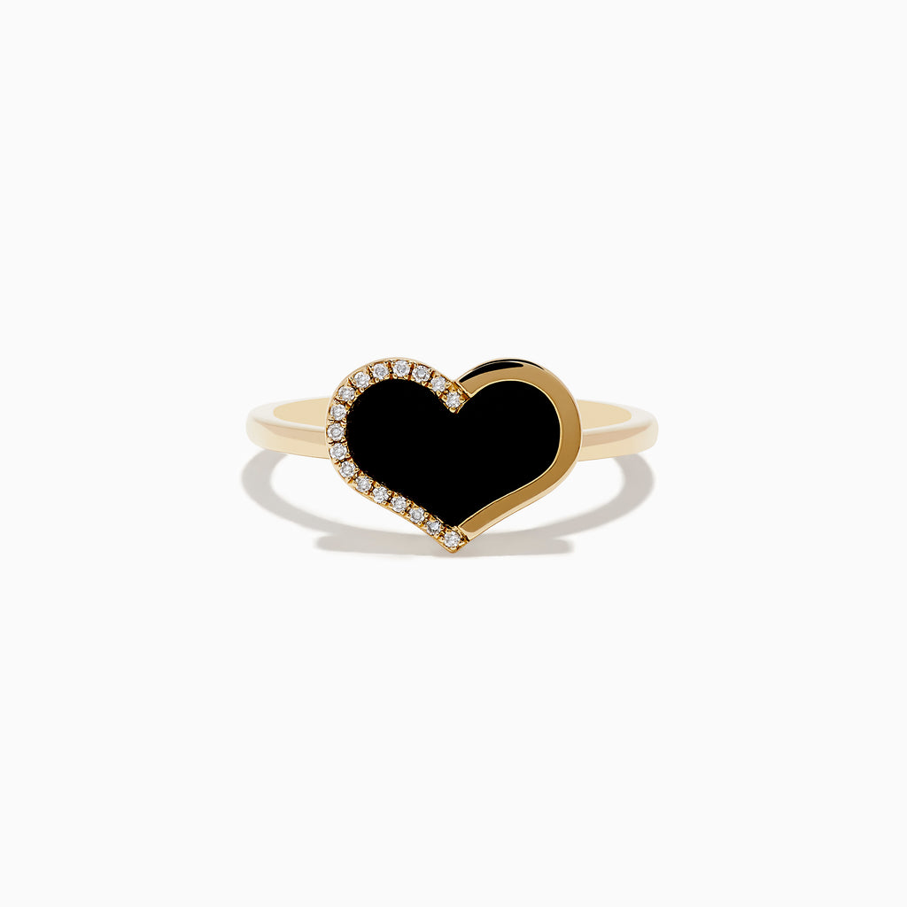 The Eclipse 14K Yellow Gold Onyx and Diamond Heart Ring features a heart-shaped black onyx centerpiece outlined with diamonds, displayed on a plain white background.