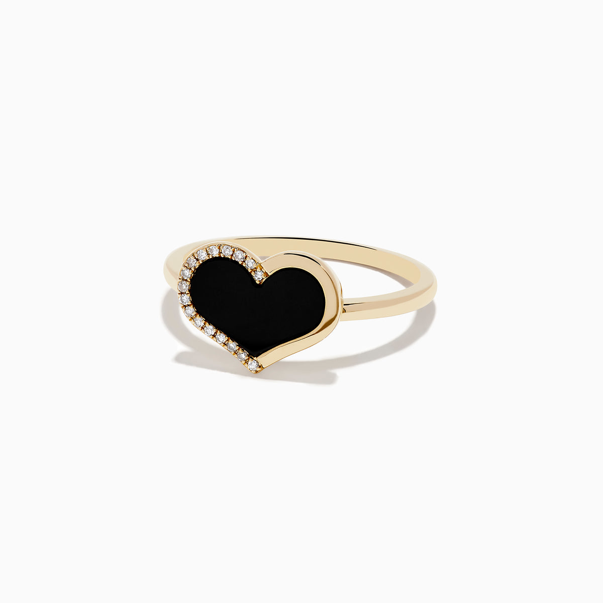 The Eclipse 14K Yellow Gold Onyx and Diamond Heart Ring features a heart-shaped black onyx centerpiece outlined with diamonds, displayed on a plain white background.