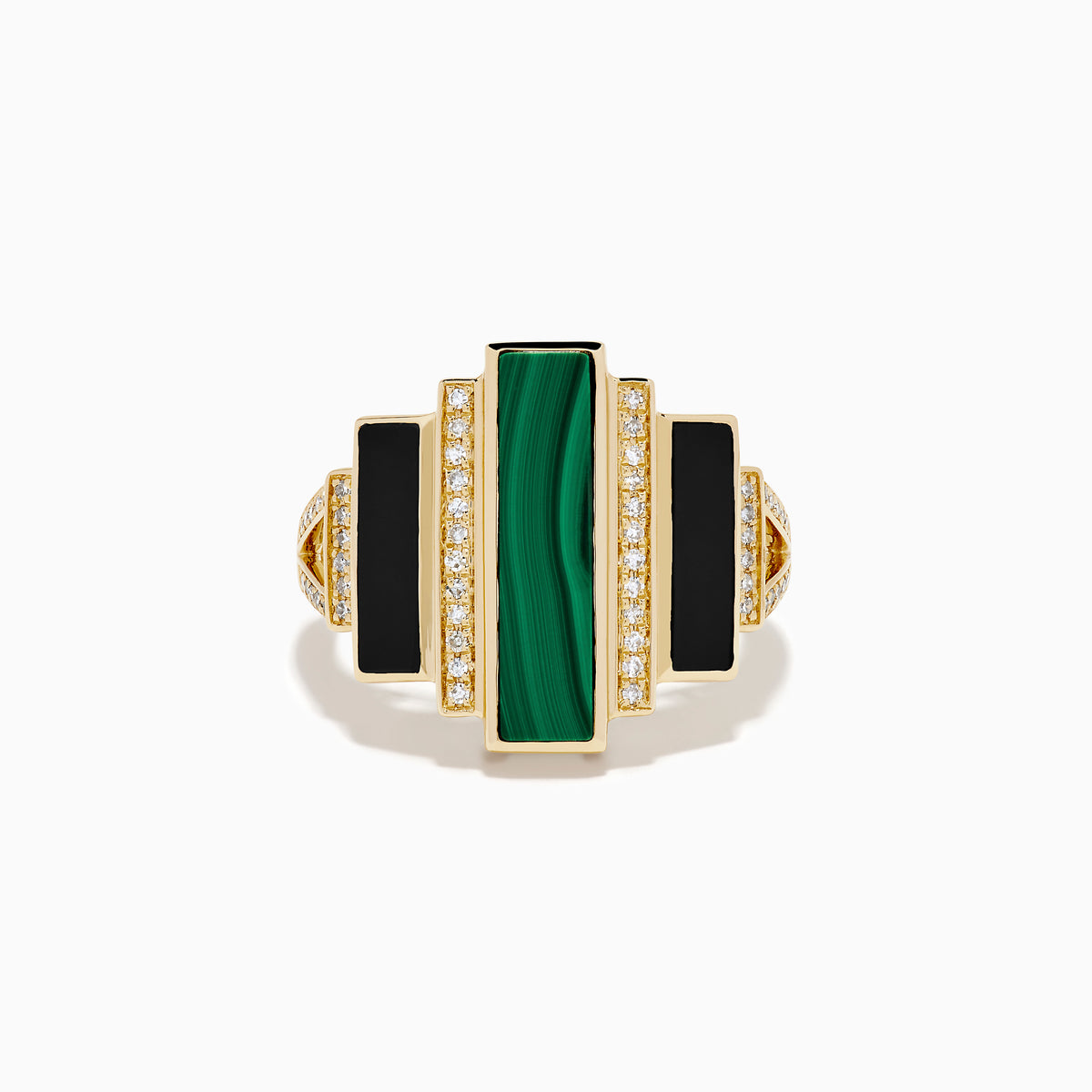 14K Yellow Gold Malachite, Onyx and Diamond Art Deco Geometric Ring