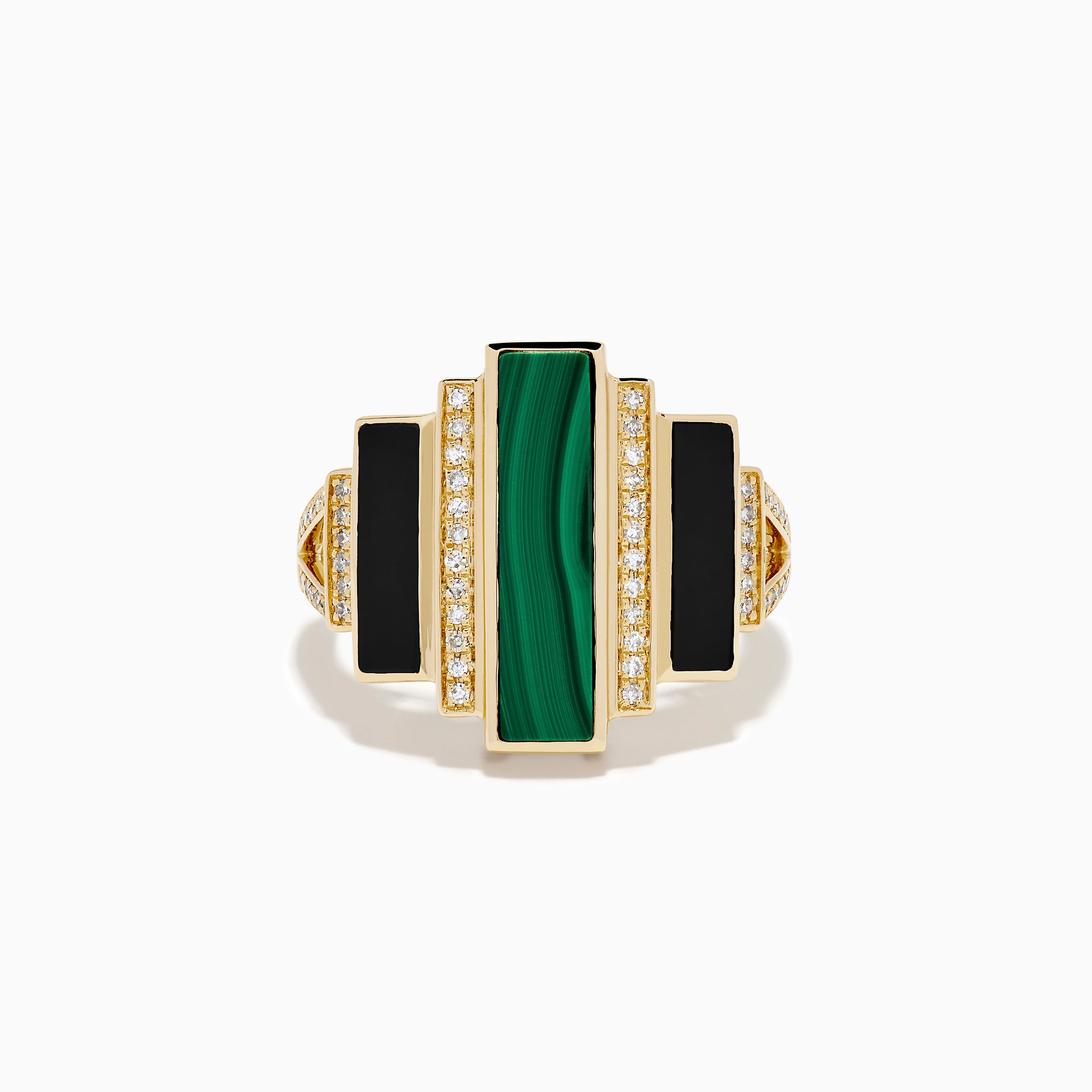 14K Yellow Gold Malachite, Onyx and Diamond Art Deco Geometric Ring