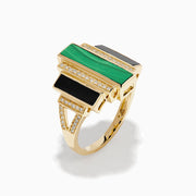 14K Yellow Gold Malachite, Onyx and Diamond Art Deco Geometric Ring