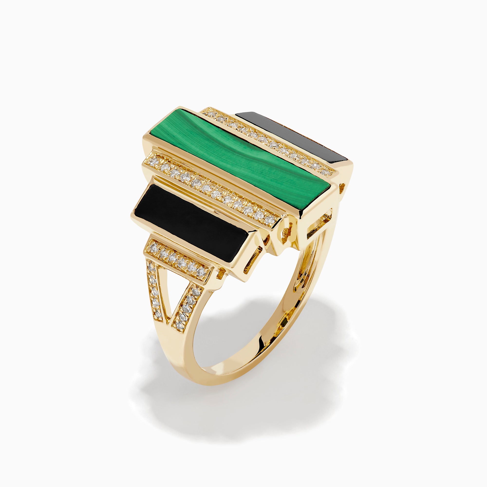 14K Yellow Gold Malachite, Onyx and Diamond Art Deco Geometric Ring